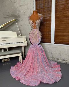 Roze o nek lange prom -jurk voor zwarte meisjes lovertjes verjaardagsfeestjurken kristal avondjurken tasjesjurk
