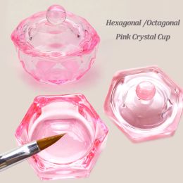 Presque rose octogonal / hexagonal tasse en poudre en acrylique en poudre en acrylique et en verre dappin liquide Conteneurs de gel acryl pour l'équipement de conception des ongles