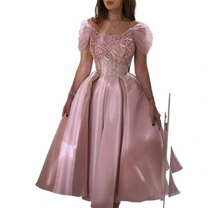 Roze uit schouderavond dres voor vrouwen vierkante nek zoete korte mouwen prom ball jurns Homecoming Dr Empire taille rok G6VS#