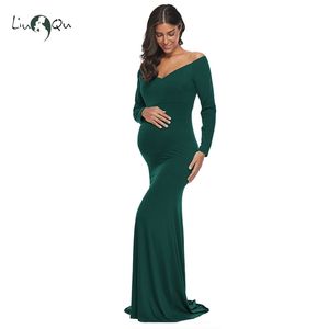 Roze off-schouder lange mouw moederschap jurken gemonteerd omhulsel zwangerschap jurk po shoot vestidos fiesta noche 210922