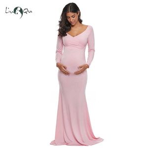 Roze off-schouder lange mouwen moederschap jurken gemonteerd omhulsel zwangerschap jurk foto shoot vestidos de fiesta de noche q0713