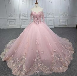 Roze off-shoulder quinceanera-jurken met lange mouwen Gillter pailletten kralen vlinder kapel trein korset vestidos de lujo