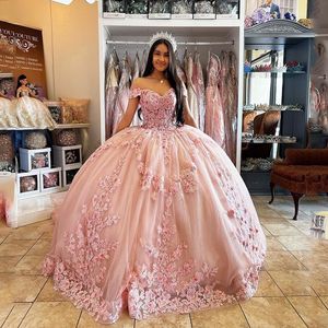 Robe De Quinceanera rose, épaules dénudées, robe De bal, en dentelle appliquée, perles, chérie, 16 robes De Fiesta