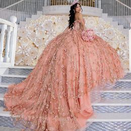 Rosa fuera del hombro Flores 3D Vestido de fiesta Vestidos de quinceañera Volantes Lentejuelas Apliques dorados Encaje Tull Corsé Vestidos De 15 años