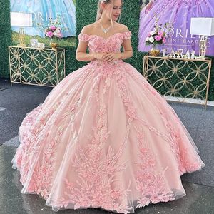 Roze Uit De Schouder Quinceanera Jurken Tule Applicaties Bloem Kralen Pageant Lace Up Vestidos De 15 Anos Prinses Baljurk