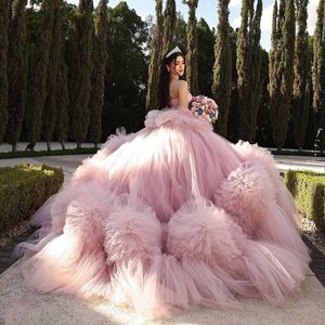 Robe De Quinceanera rose, épaules dénudées, en Tulle, à plusieurs niveaux, perles, concours, à lacets, robe De bal princesse, 15 ans, 2024