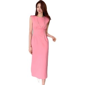 Robe de bureau rose dames coréennes été sans manches ras du cou formelle gaine robes de soirée pour femmes vêtements 210602