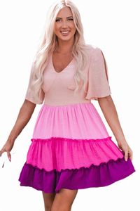 Pink Ombre Colorblock Tiered Dress 2023 Hot New L0OA#