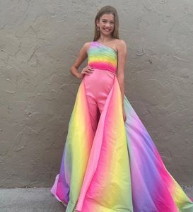 Roze Ombre Meisje Pageant Jurken 2022 Ruches Taffeta Romper Kleine Kinderen Verjaardag Mouwloos One-Schouder Formele Feestkleding Toga Baby Peuter Tieners C144