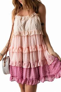 Roze ombre Zwitserse stip Ruffled Tiered Mini Dress J3GI#