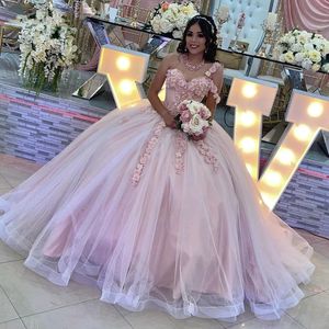 Roze een schouderbaljurk Quinceanera jurken 3d bloemen kralen zoet 15 verjaardag prom jurk afstudeer feestjurk