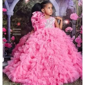 Pink Organza Pageant Quinceanera Robes pour petites filles licou 3d fleurs florales en dentelle fleur fille première robe de communion crse