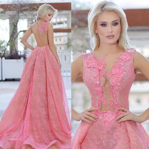 Roze overskirt kant backless prom dresses met afneembare trein pure diepe v-hals kralen avondjurken geappliceerd plus size formele jurk