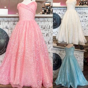 Roze optochtjurk voor kleine meisjes 2023 Sparkle Pargin Beals Neck Little Kid Birthday Holiday Fun-Fashion Runway Formele feestjurk Toddler Tieners Preteen Blue White