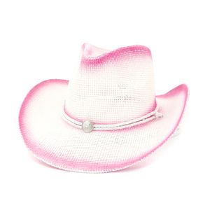 Roze verf spuiten papier stro cowboy hoeden zomer mannen vrouwen brede rand zon bescherming hoed Panama strand cap met winddicht touw
