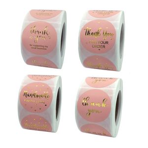 Roze papieren label sticker gouden bedanksticker 500 stcs/roll hot stamping zelfklevende film kerstcadeauverpakking