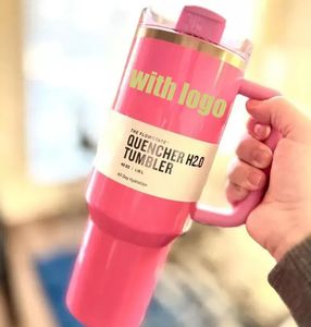 Pink Parade Cosmo Rose avec gobelets en acier inoxydable H2.0 de 40 oz avec poignée en silicone, couvercle et paille, tasses de voyage pour voiture, continuez à boire des bouteilles d'eau froide