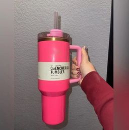 Roze parade met 1:1 logo H2.0 40oz roestvrijstalen bekers Bekers met siliconen handvat Deksel en rietje Reisautomokken Blijf koudwaterflessen drinken