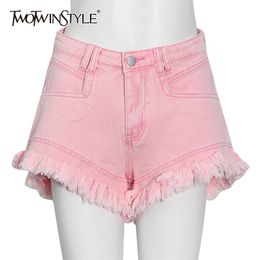 Roze Patchwork Tassel Denim Korte Broek Voor Vrouwen Hoge Taille Casual Losse Shorts Vrouwelijke Zomer Mode Kleding 210521