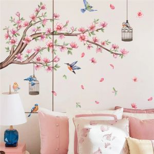 Pêche rose fleur fleurs d'oiseaux branches autocollants muraux floraux pour le salon des meubles de chambre à coucher