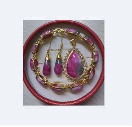 Pink Peach Blossom Jade 18k gold filled schakel ketting armband oorbellen set 3-delige sieraden set