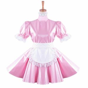 Vestido de empregada maricas de couro pérola rosa fantasia de cosplay de Halloween216C