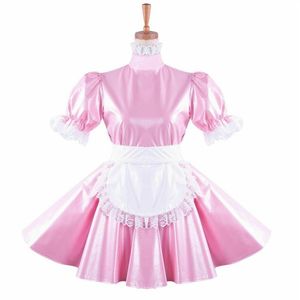 Pink Pearl Leather Sissy Maid Maid Dress Halloween Cosplay Costume243W