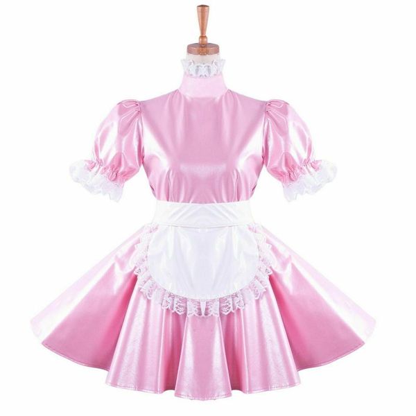 Vestido de sirvienta sissy de cuero rosa perla disfraz de cosplay de Halloween306x