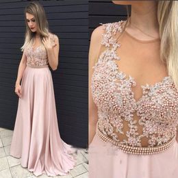 Pink Pearls Beaded Prom Dresses 2017 Sexy Illusion Sheer Top con apliques de encaje Vestidos de noche Chiffon A Line Vestidos de fiesta formales