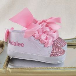 Chaussures roses personnalisées avec nom pour bébé, baskets pour garçons et filles, première marche, déco à paillettes, pour fête prénatale, 240227