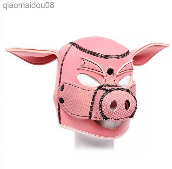 Máscara de cerdo rosa Sexy Cosplay Juego de rol Cerdo Máscara de cabeza completa Cuero de PU suave Cachorro Capucha accesorios para el escenario L230704