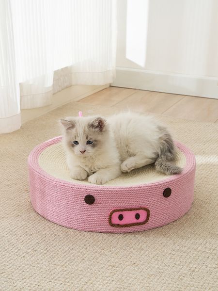 Planche à gratter ronde pour litière pour chat, porcelet rose, ligne à gratter résistante à l'usure pour bassin de chat en corde de sisal