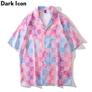 Roze plaid polo shirt mannen vrouwen zomer turn-down kraag dunne materiaal strand shirts 210603