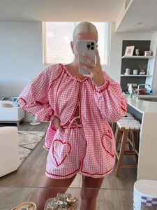 Pink Plaid Print Femmes courtes Pant Suit mignon Poches Lova Manches longues 2 pièces Pièces Spring Summer Sweet Casual Holiday tenue 240327