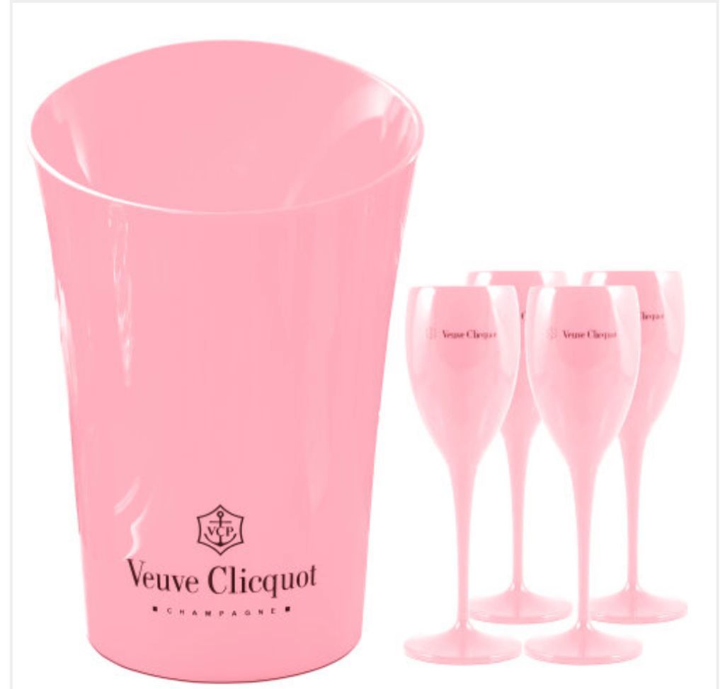 Secchiello per il ghiaccio per champagne in plastica rosa, flauto da champagne per vino e secchi di vetro per vino se