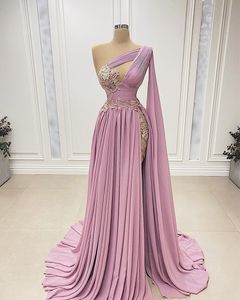 Roze geplooide stromend rok prom jurken kan kant een schouder cape v nek appliques pailletten glanzende avondjurken sexy chiffon side spleet