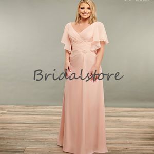 Roze Plus Size Moeder van de Bruid Jurk met Cap Mouw Volledige Lengte Chiffon Bruiloft Gastfeest Jurken Bruidegom Moeder Jurk Vestido de Fiesta Boda Roosts Soirée