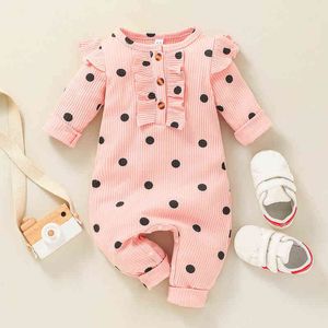 Roze polka dot baby meisje romper lange mouw lente herfst kleding katoen baby jumpsuit 0-2 jaar mode baby romper G220223