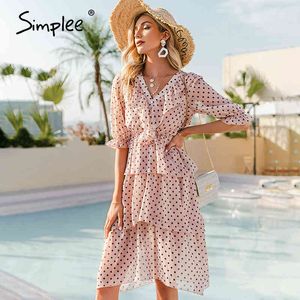 Roze polka dot v-hals vrouwen jurk zomer bladerdeeg mouw a-lijn hoge taille jurken vakantie stijl gegolfd Mid-sleeve 210414