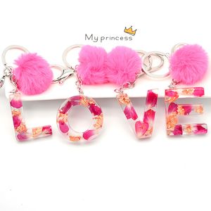 Roze Pompom Brief Sleutelhanger Gedroogde Bloem Engelse woorden Sleutelhanger A-Z Handtas Charms Hanger Ornament Sleutelhanger Houder Sieraden Geschenken