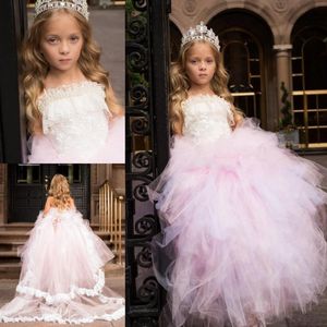 Robe de bal princesse rose perles perles filles robe de concours dentelle licou tulle volants robes de fille de fleur pour mariage dos nu robes d'enfants