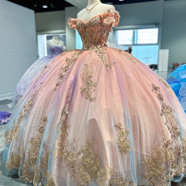 Robe De Bal Princesse Rose Robes De Quinceanera Appliques D'or Perles De Dentelle Douce 16 Robe À Lacets Robes D'anniversaire Robes De 15 Anos