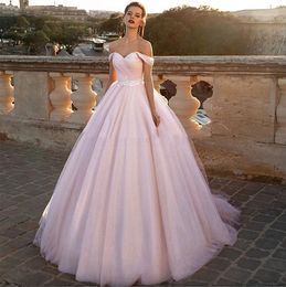 Robes de mariée de balle rose princesse rose sur l'épaule Jupe en tulle rocheuse Back Back Bridal Bridal Robe S Robe de couleur avec couleur