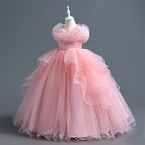 Roze prinses bloemenmeisje jurken voor bruiloft kanten lovertjes Appliqued Pearls kralen Pageantjurken Tutu Tule vloerlengte gegolfd First Holy Communion Dress 403