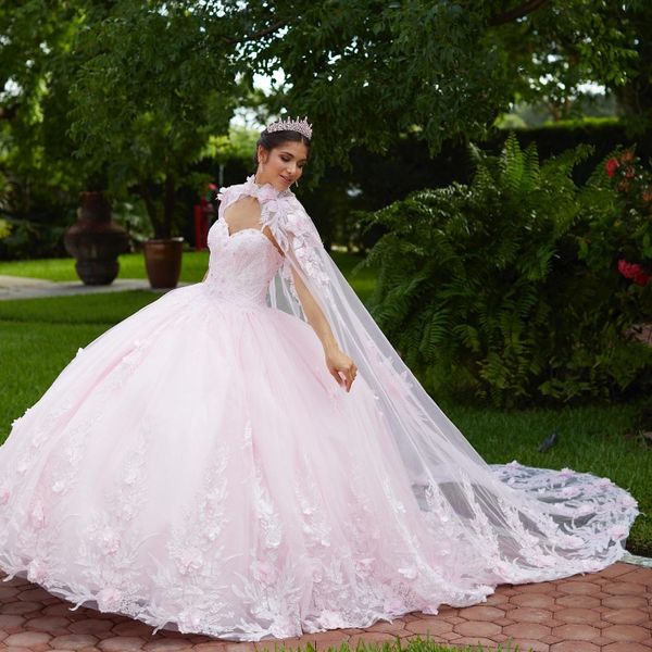 Rose Princesse Menthe Vert Robe De Bal Quinceanera Robes Hors Épaule Fleurs Appliques Avec Cape De Luxe Corset Robes De 15 Anos