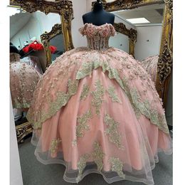 Princesse rose épaules dénudées Quinceanera robes 2023 corset à lacets avec appliques florales bal doux 16 Gala robe De 15 Anos