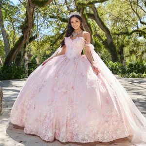 Roze Prinses Quinceanera Jurk 3D Applicaties Kralen Sweetheart Handgemaakte Bloem Met Cape Baljurken Vestidos De 15 Anos