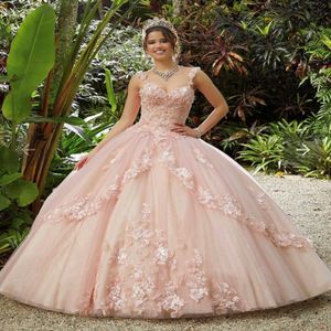 Princesse rose quinceanera robe sweet 16 robe de bal 2022 Appliques paillettes perles fleurs de fête sans arrière vestidos de 15 robes pour quinc 3330