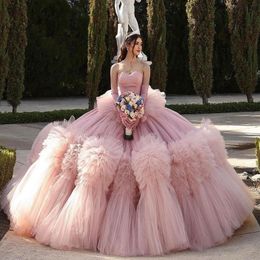 Roze Prinses Quinceanera Jurken 2024 Kralen Tull Tiered Lace-up Corset Off Schouder Vestidos De 15 Anos Prom
