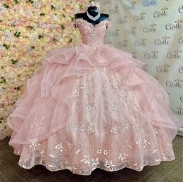 Princesse rose quinceanera robes appliques en dentelle robe d'anniversaire d'anniversaire tulle lacet-up sweet 16 robes vestidos de 15